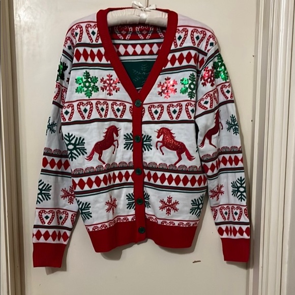 NWOT Festive Red and White Holiday Cardigan - Picture 1 of 7